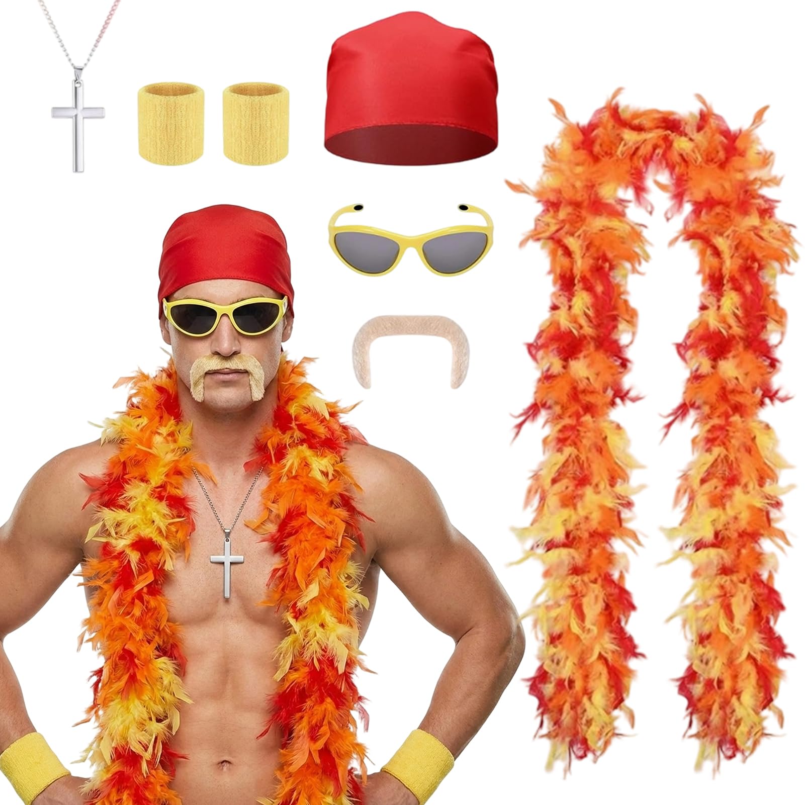 Essestim 6 Pcs Hulk Hogan Wrestler Costume Kit, Wrestler Accessory Set with Feather Boa, Kerchief, Bracers, Glasses, Moustache and Accessories for Adult Women Men Cosplay Halloween Party