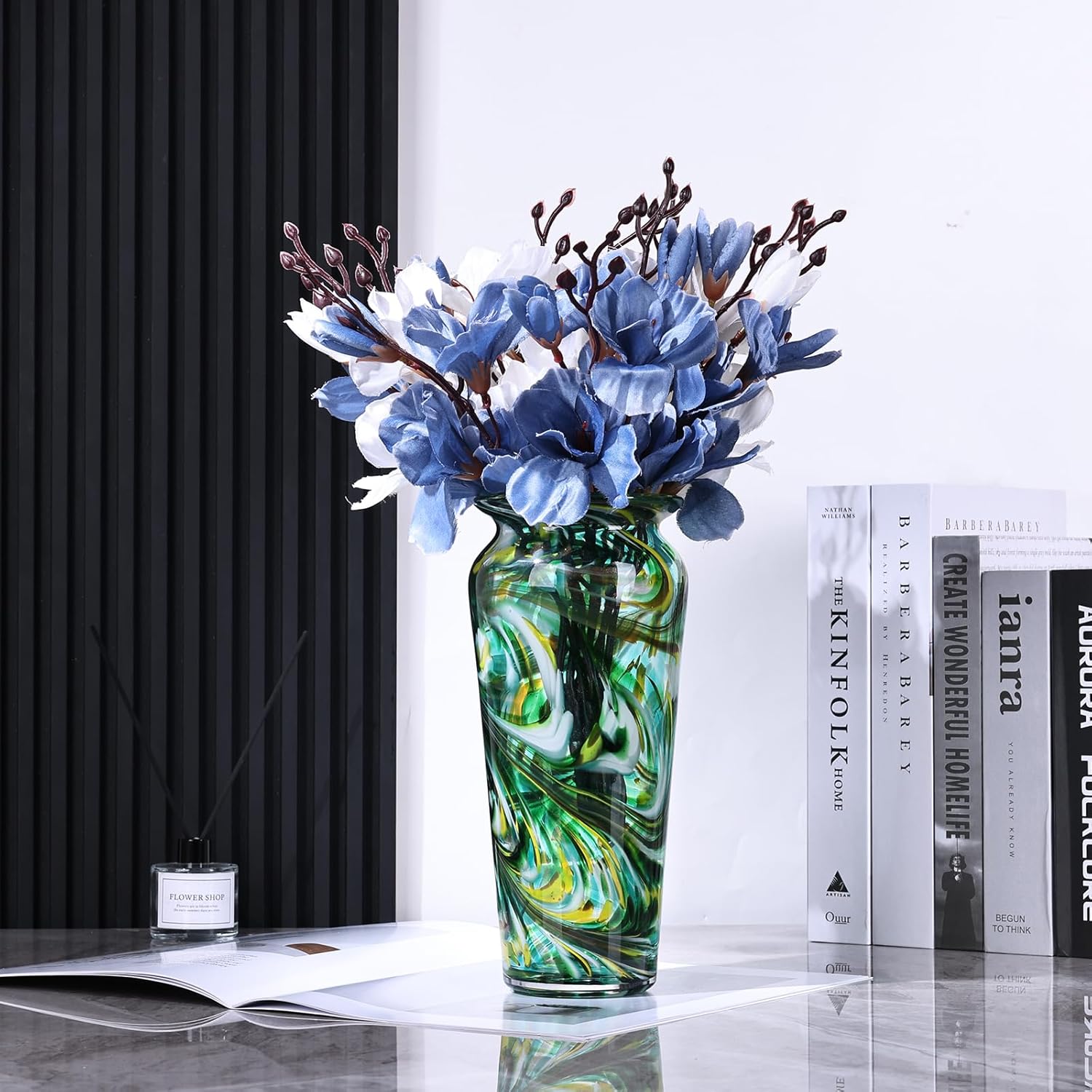 Blown Glass Green vase, Green Home Decorations, Modern Art Wide Mouth vase for Living Room Dining Table Coffee Table entryway TV Cabinet nightstand Centerpiece.