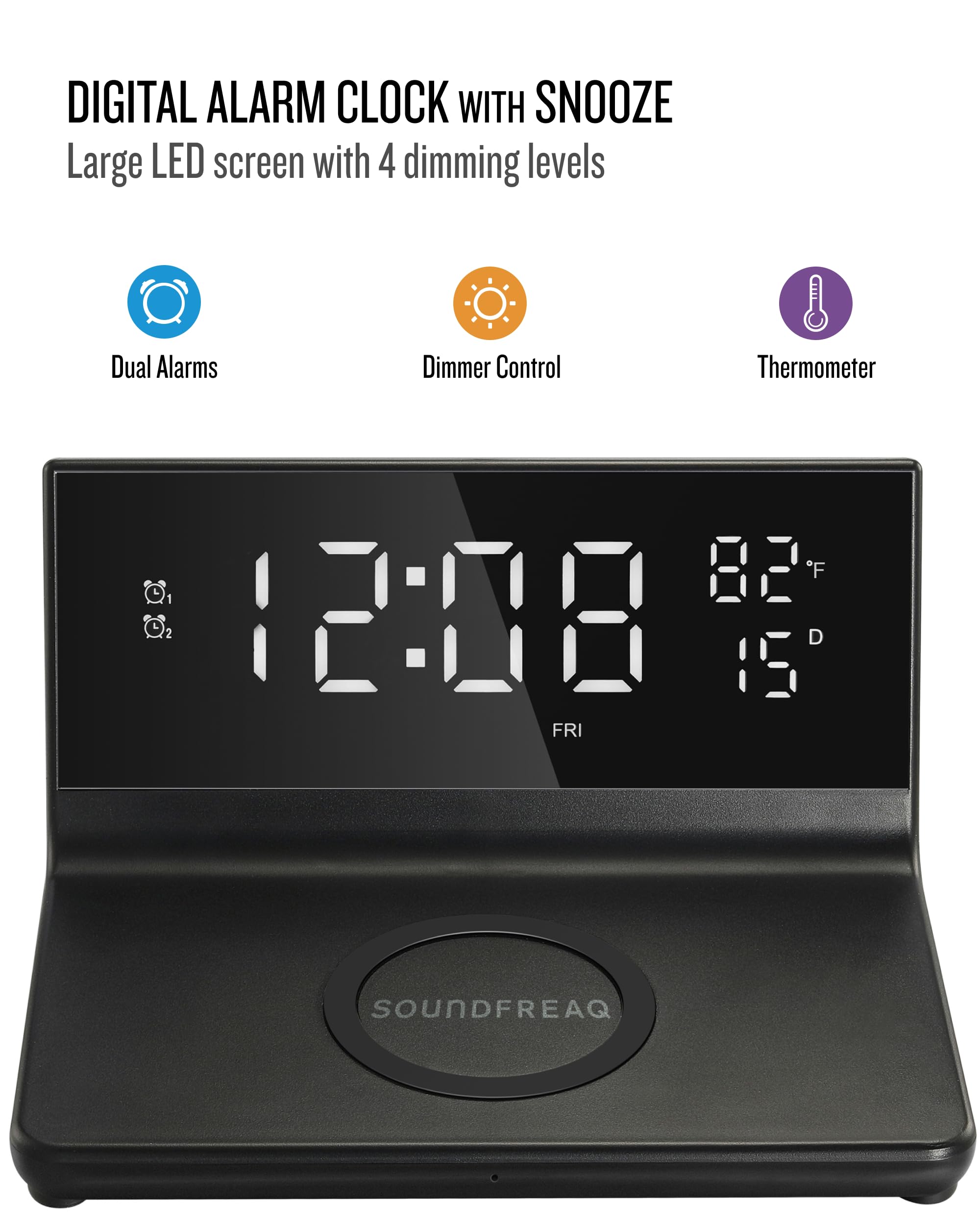 Soundfreaq Charge Rise II, SFQ-20: Sveglia digitale, con doppio allarme, caricabatterie USB veloce e caricabatterie wireless (nero)