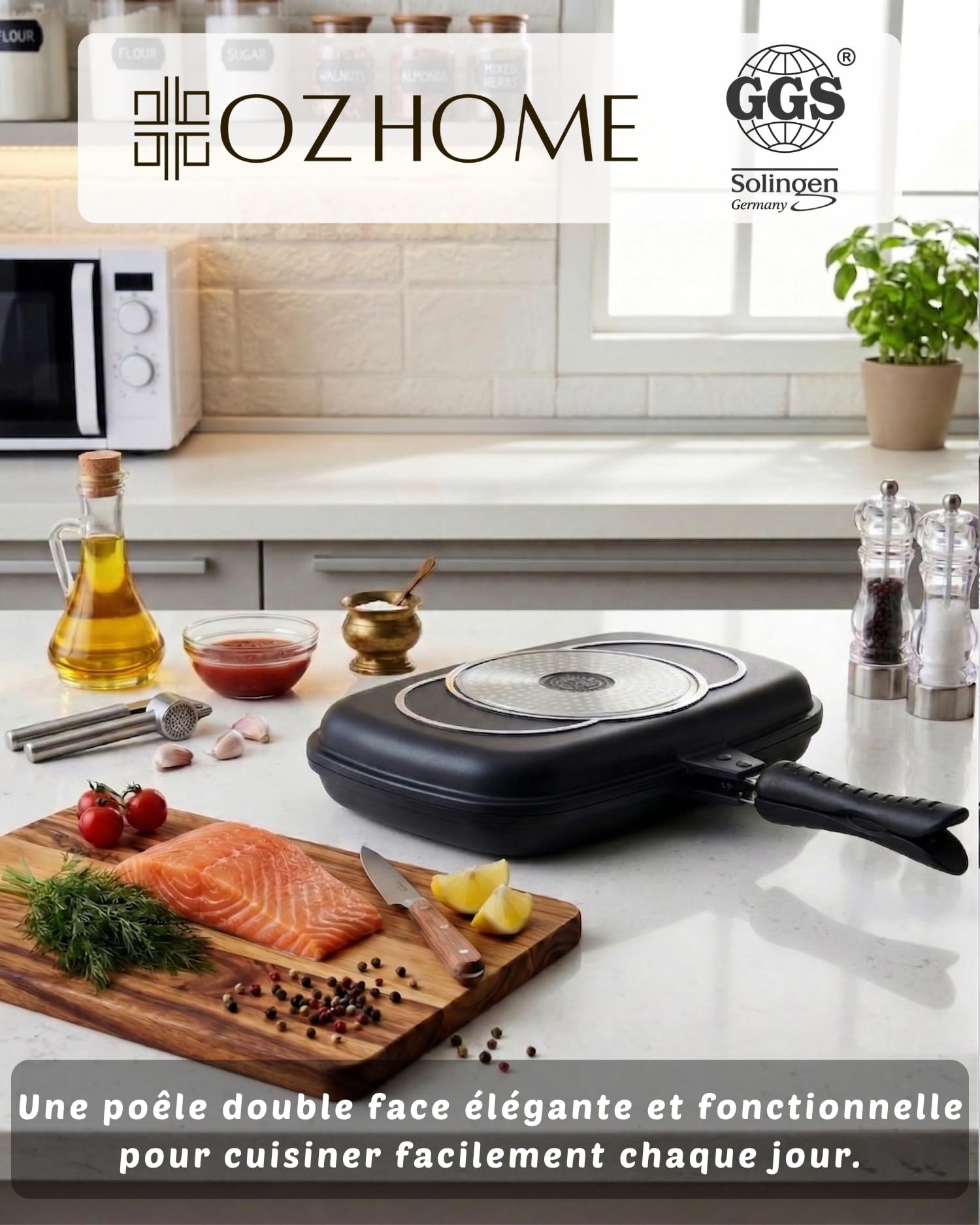 GGS Colection Poele Grill Et Poisson Double Face 38x25.5cm - Poele Grill Induction Et Tout À Feux, Poele Anti Adhesive en PTFE- Poele A Griller Avec Fermeture Magnétique & 2 Bandes D’étanchéité