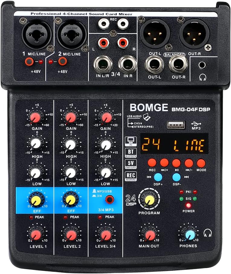 BOMGE Mixer audio DJ a 6 canali con MP3, USB, Bluetooth, alimentazione phantom da 48 V, 16