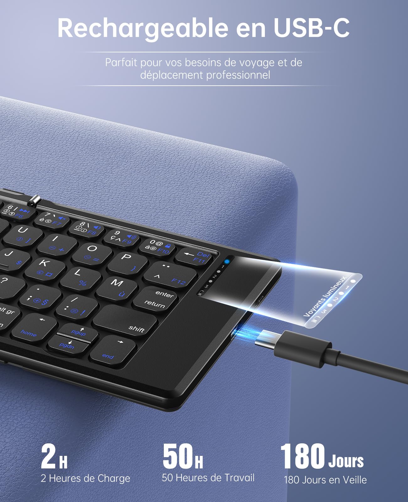 TiMOVO Tastiera Bluetooth AZERTY per Windows iOS Android Mac, Nero | Tastiera Portatile Ricaricabile per iPad, iPhone, Tablet e Smartphone, Mini Tastiera Senza Fili Pieghevole da Viaggio