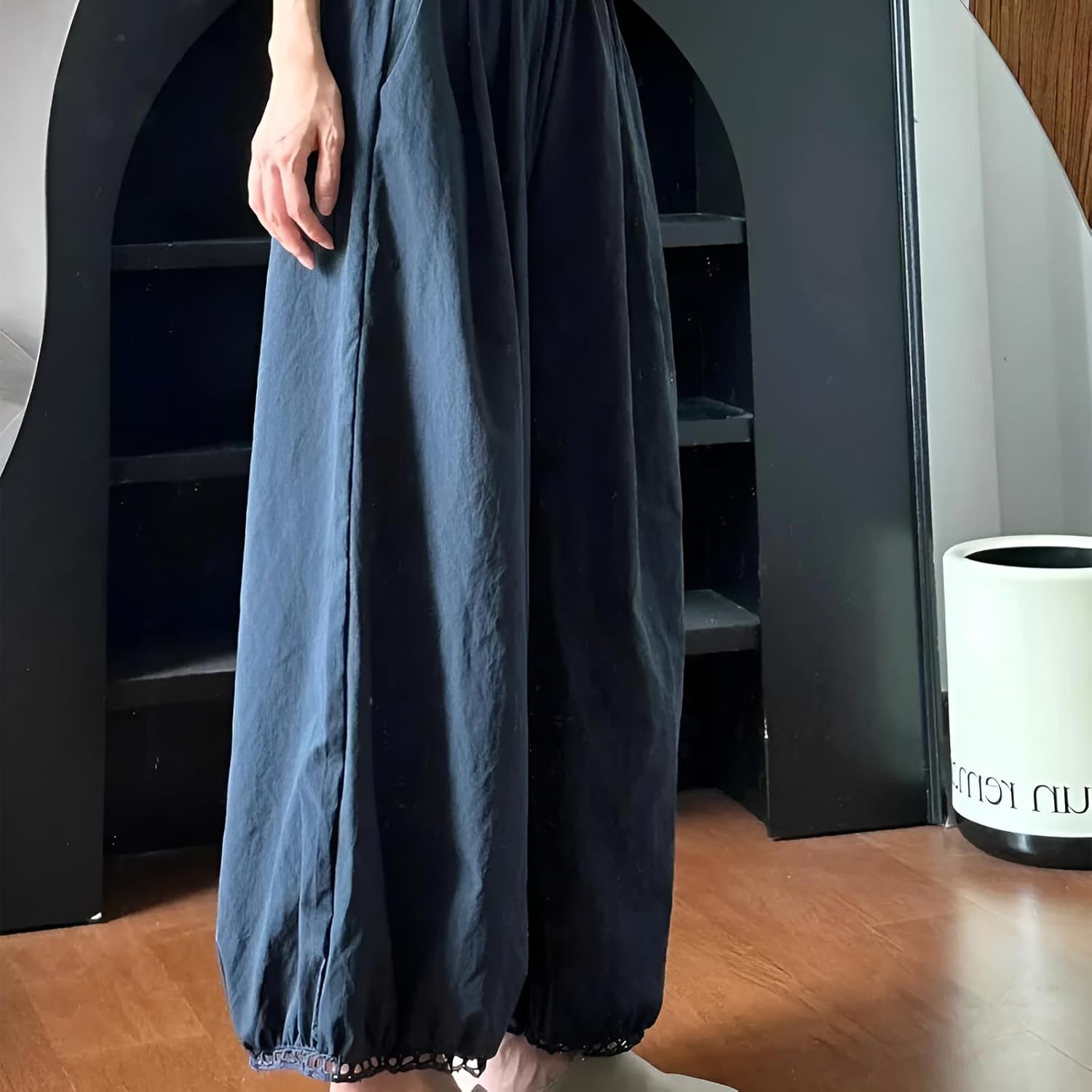 [Miflaier] 体型補正 小さいサイズ専用9分灯笼パンツ｜夏薄手 リ感ワイドレッグ ボル柄 軽量ストレッチ オフィス/カジュア