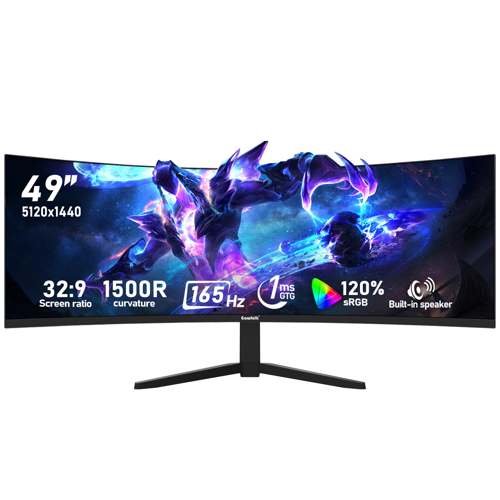 Photo 1 of Gawfolk 49 inch Ultra-Wide Curved 1500R Gaming Computer Monitor, DQHD(5120×1440), 165Hz, 1MS, FreeSync, 120% sRGB, Built-in speaker PC Screen, HDMI2.1 & DP1.4, Compatible Wall Mount 100*100mm- Black