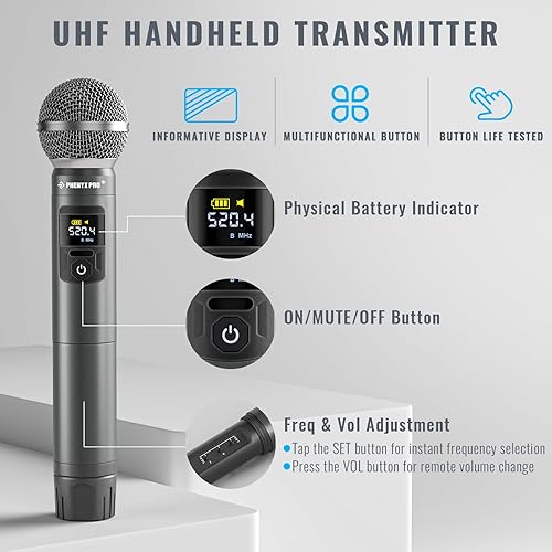 Miniatura 3 de Phenyx Pro Sistema de micrófono inalámbrico, juego de micrófono inalámbrico de metal con funda, micrófonos dinámicos inalámbricos de mano para