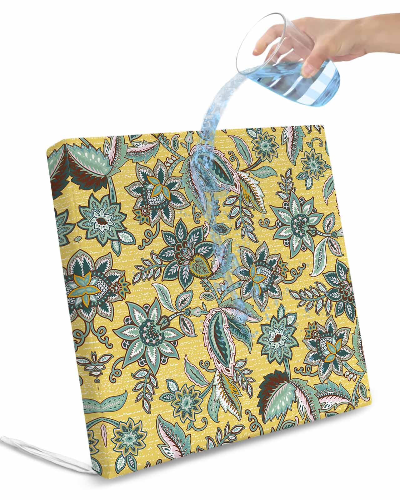 Edwiinsa Yellow Bohemian Indoor/Outdoor Seat Cushions Cover,Waterproof Patio Chaise Lounge Cushion Cover for Beach Pool Side Chair Cushions 22x22x2 Pieces Vintage Boho Paisley Mandala Ethnic Floral