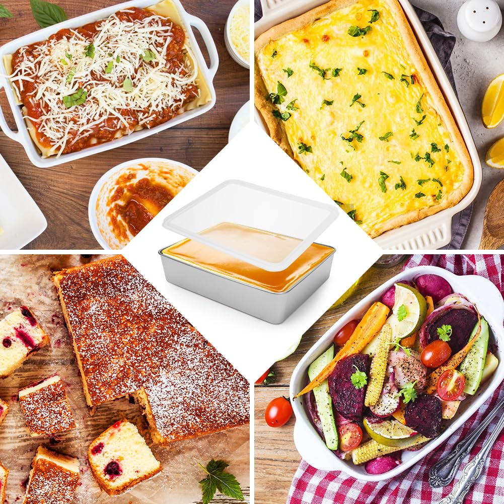 Gohytal Teglia da forno in acciaio inox con coperchio ermetico, 2 spatole per torte, teglia rettangolare per arrostire, lavabile in lavastoviglie, per casseruole, torte, brownie lasagne