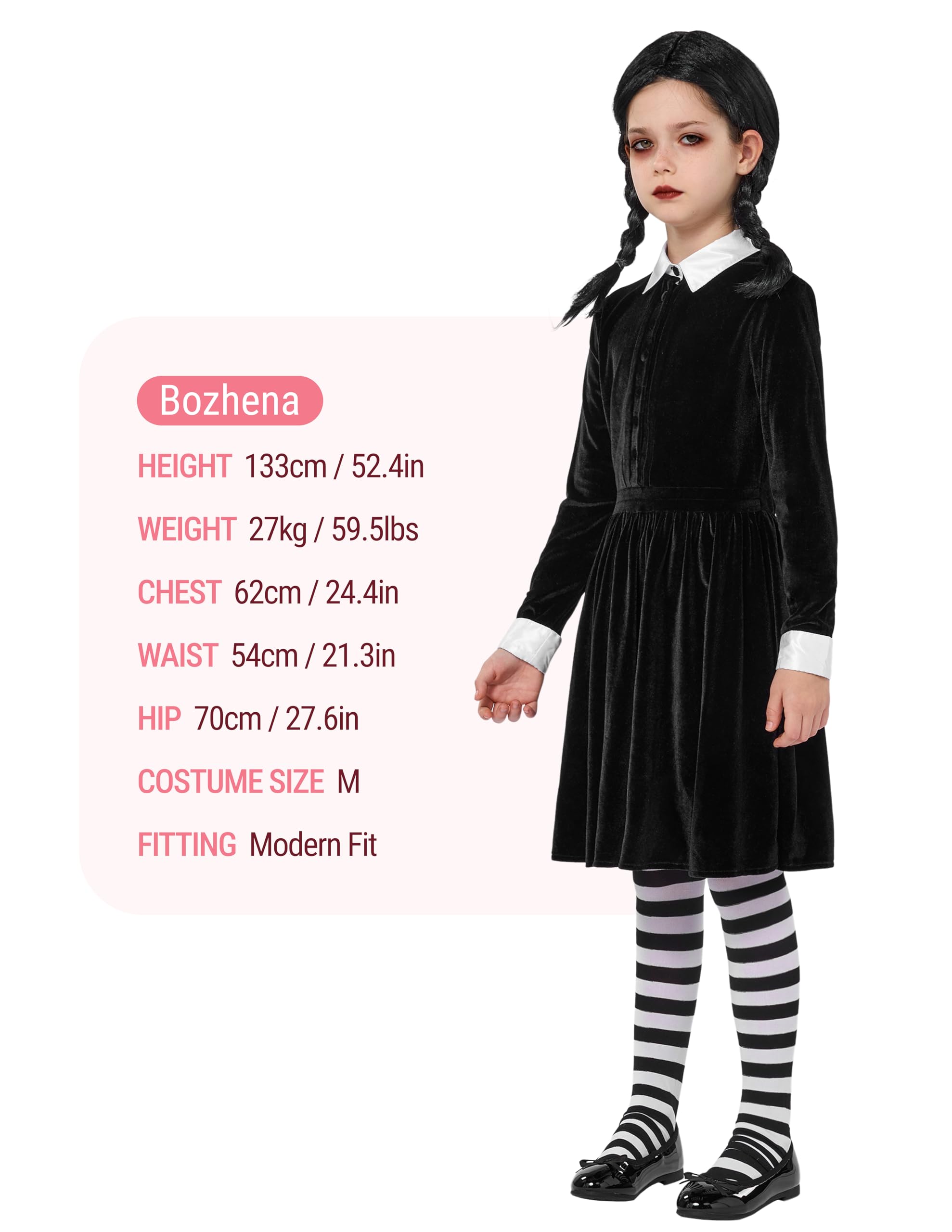 Spooktacular Creations Vestido Negro con Cuello para Niñas, Disfraz de Niña de Escuela de Manga Larga con Peluca, Vestido Skater de Terciopelo para Niños Pequeños en Halloween, Fiesta de Cosplay