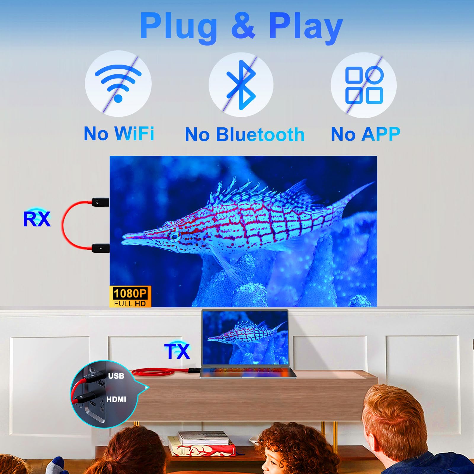 HDMI Wireless Trasmettitore e Ricevitore, Decodifica 4K Uscita 1080P, Cavo HDMI Senza Fili Portata 165FT/50M, 2,4 G e 5G Streaming Video/Audio/File da Laptop, PC a Monitor/TV/Proiettore, Rosso