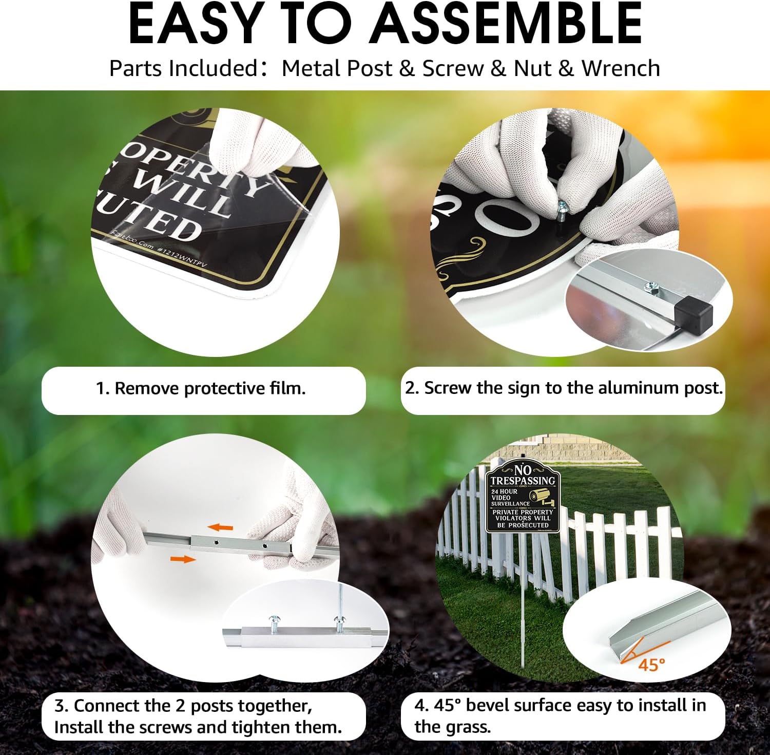 Faittoo No Trespassing Signs Private Property Video Surveillance Sign with 42" Stake, 2-Pack 12"x12" Rust Free Aluminum, Reflective, 2 Pre-drilled Holes, Includes Matching Screws & Wren (White)