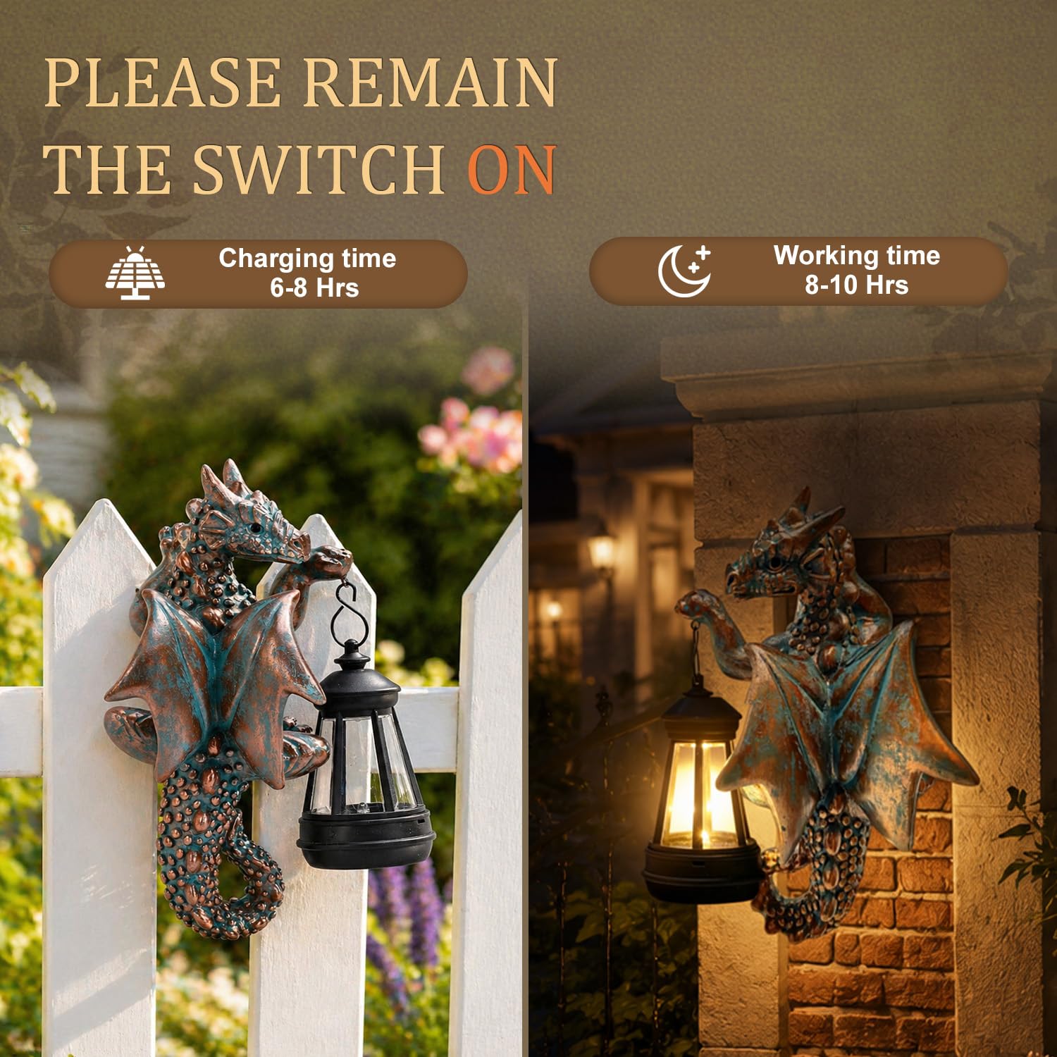 Yeomoo Lámpara solar de dragón para exterior, resistente a la intemperie, figura de dragón de resina, decoración de jardín, figuras de dragón colgante con LED para árboles y vallas, regalo para