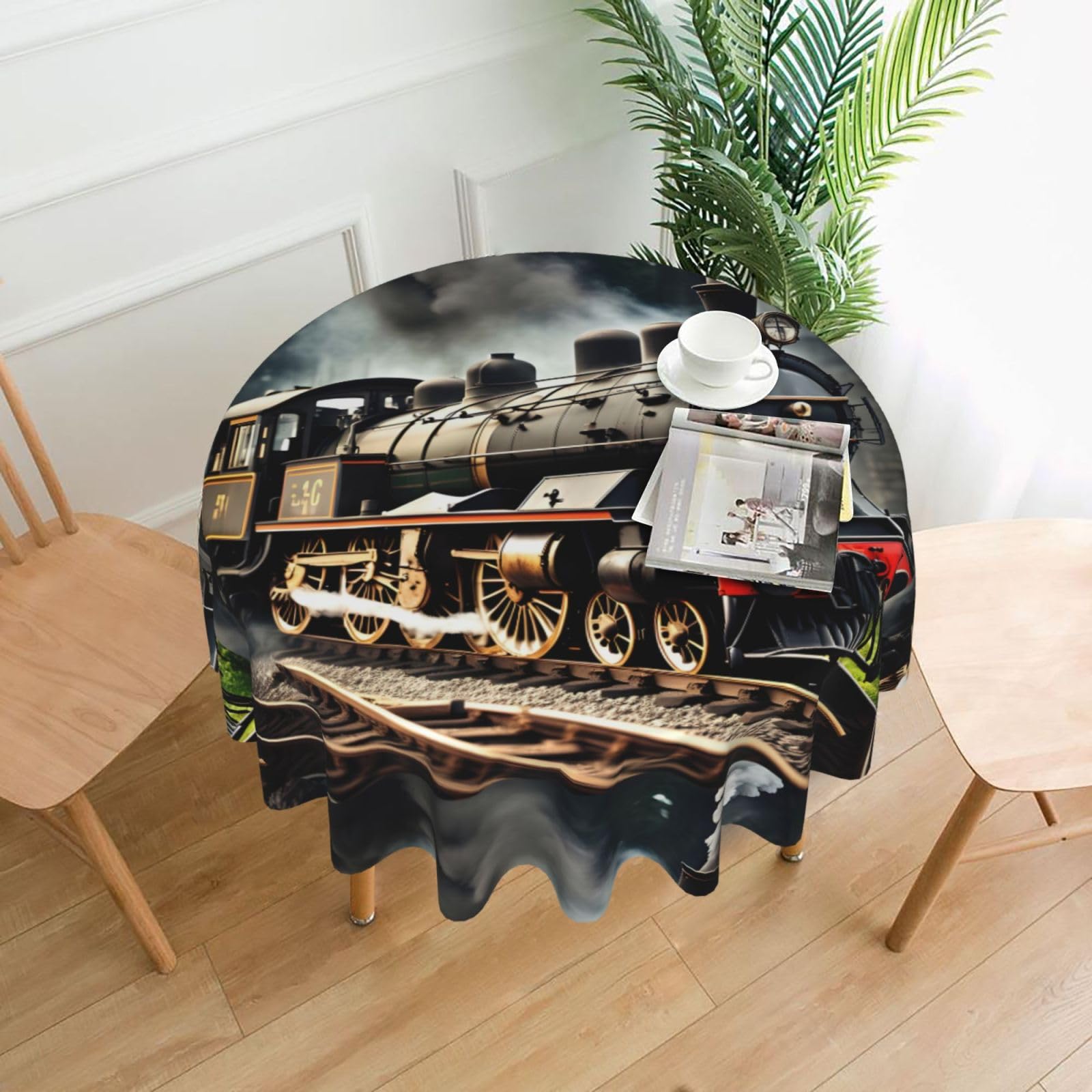 Nbtghga Steam Locomotive Train Print Tablecloth Round Border Table Cloth Cover Decorative For Party Holiday Dinning Tabletop Home
