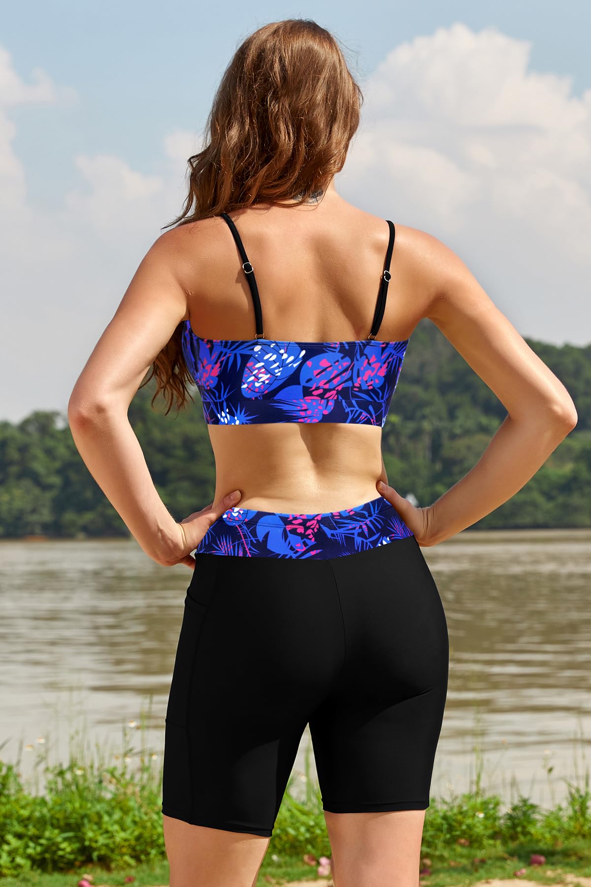 SHEKINI Maillot de bain 3 pièces pour femme UPF50+ UV à manches courtes, soutien-gorge de sport, haut de bikini avec bas boyshort, maillots de bain modestes