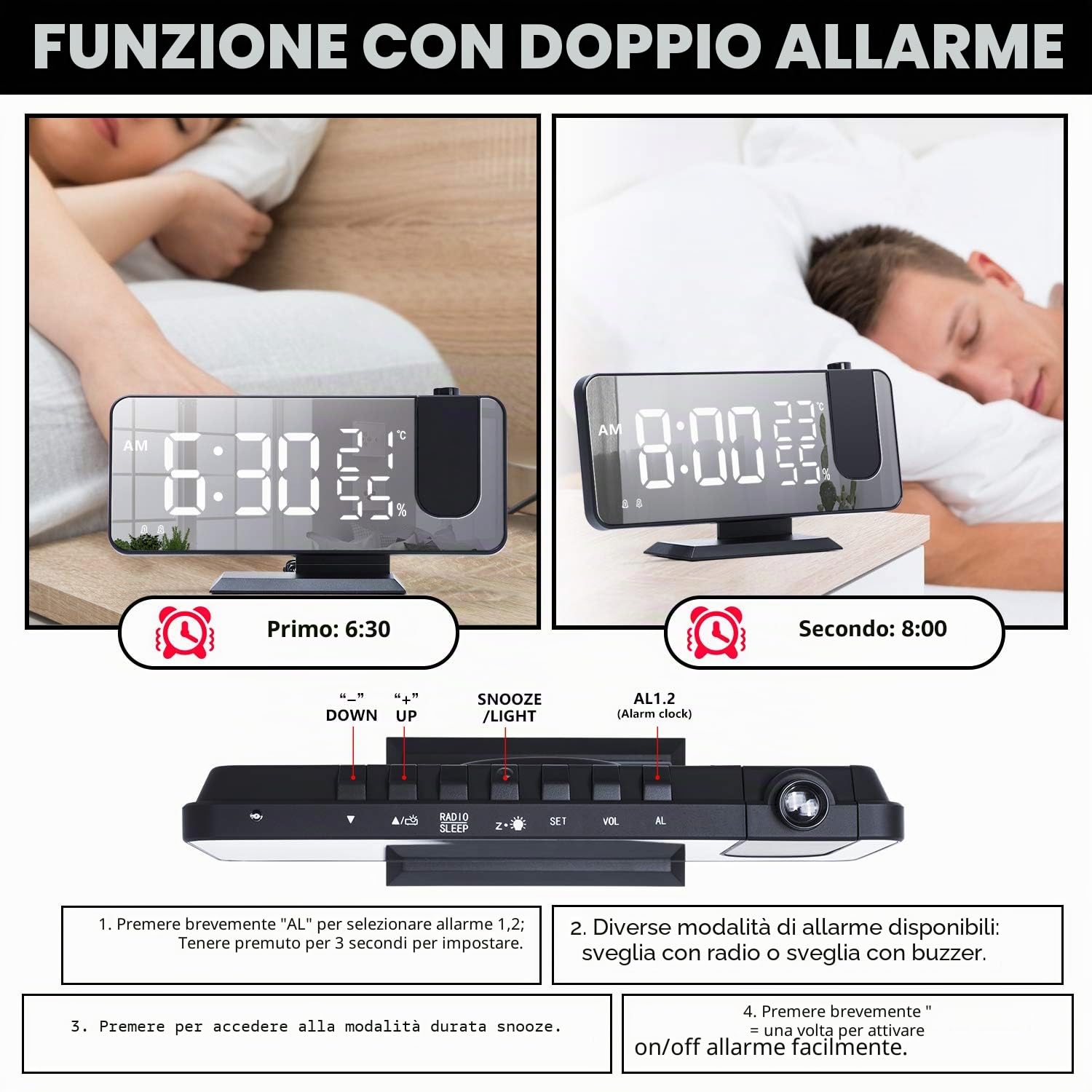 ThreeH Sveglia a Proiezione per Camera da Letto Ampio Display a Specchio LED 7,4'' con Ricarica USB Ruotabile 180° Nero-Bianco