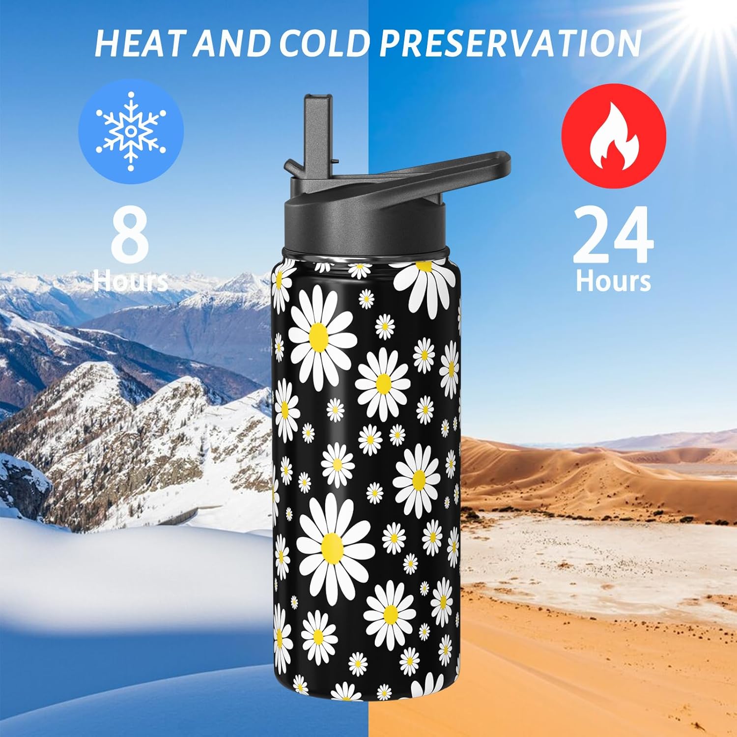 Sabobo Daisy Gifts 18oz Sport Water Bottle with Flip Straw & Spout Lid, Floral Stainless Steel Insulated Gym Water Bottle, Flower Lover Gifts for Women Men (1 PC) - Image 7