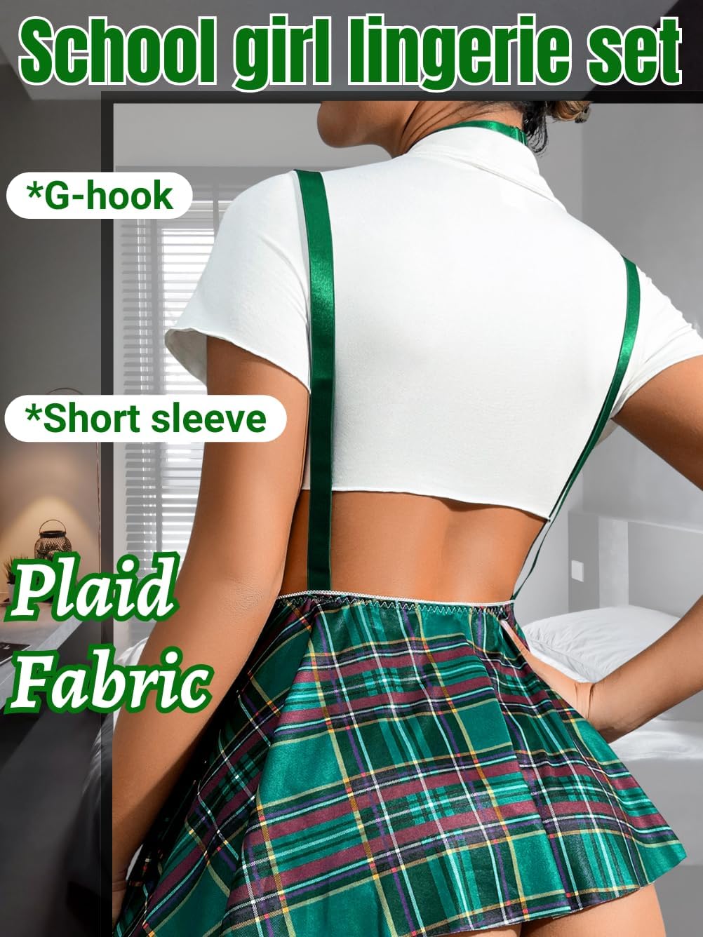 5 Piece Cosplay Costumes For Women,Halloween Lingerie Outfits,Tie Crop Top & Plaid Skirt Set - Image 3