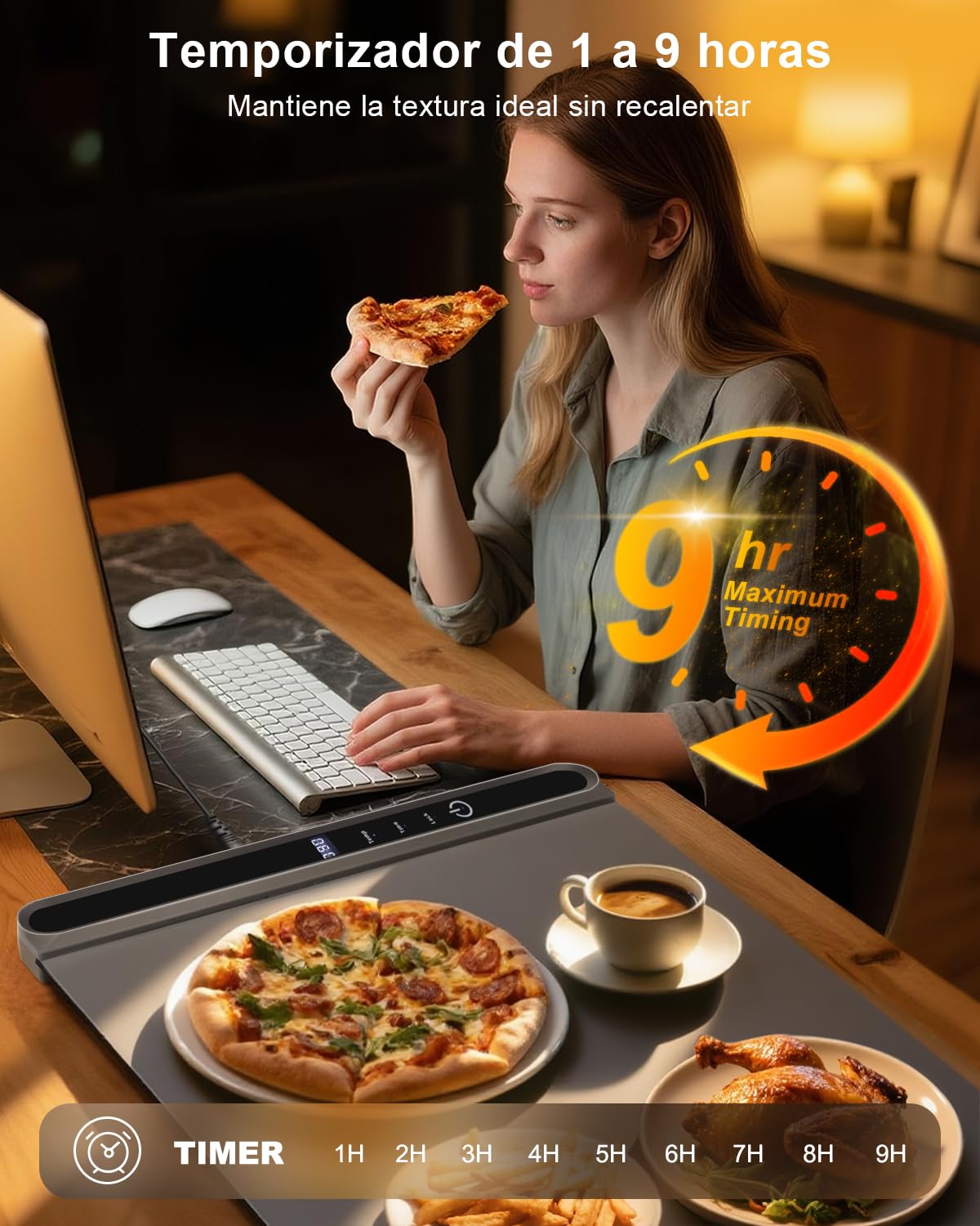 AUTOPkio Calienta Platos Electrico, Plegable Bandeja Calentador de Comida 300W Rápido Calentamiento con 6 Temperatura y 9 Temporizadores Auto-Apago, Bloqueo Infantil para Bufés, Familiare, Fiestas