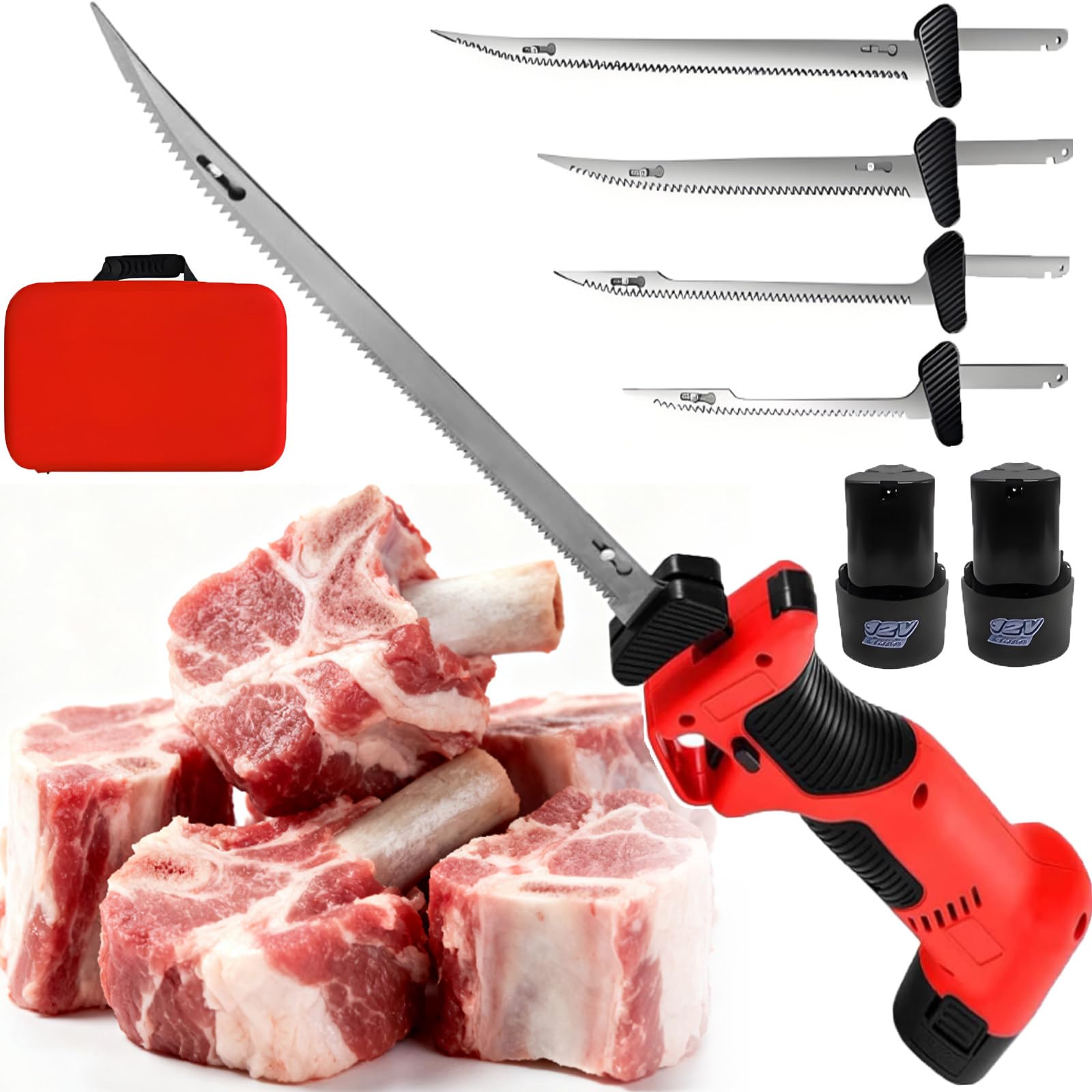 Sierra Eléctrica Pequeña para Huesos,Uso Comercial/Doméstico-Cuchillo Eléctrico Inalámbrico para Filetear-Cuchillos Recíprocos para Filetear Pescado/Carne,Recargables con 4 Hojas