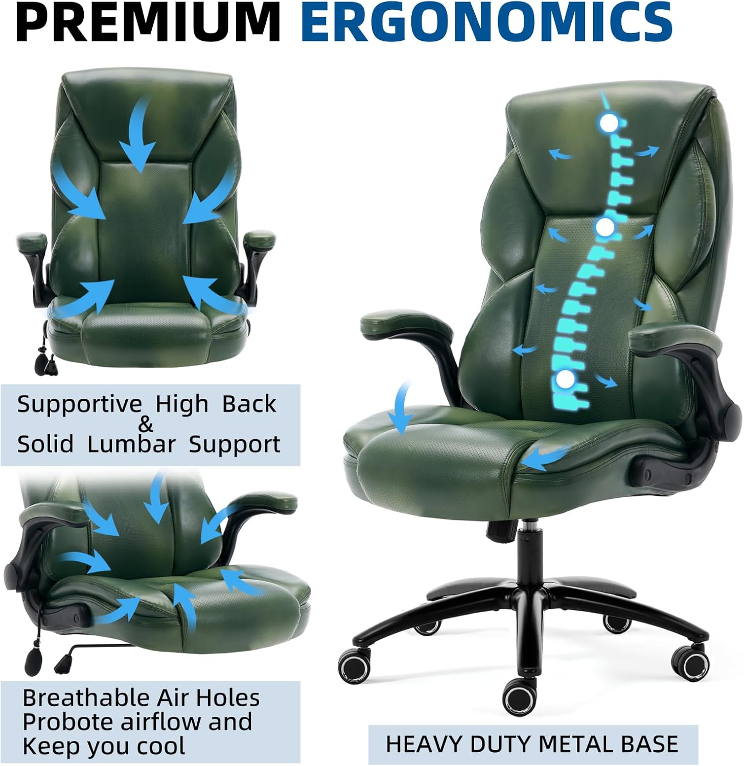 Ergonomic Office Chair Gaming Chair Comfy - Breathable Leather Desk Chair with Lumbar Support & Back Support, Rolling Home Office Chair with Wheels, Comfortable Computer Chair for Desk,Green