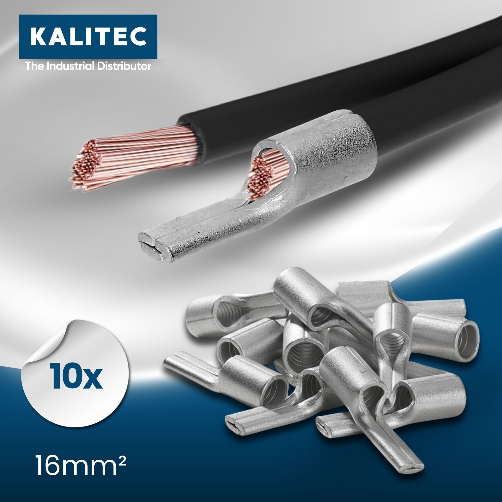 10 x zaciski kablowe Kalitec 16 mm², nieizolowane, miedziane, spawane i cynowane, lutowane i cynowane końcówki kablowe do akumulatora, typ uchwytu, płaska średnica wewnętrzna