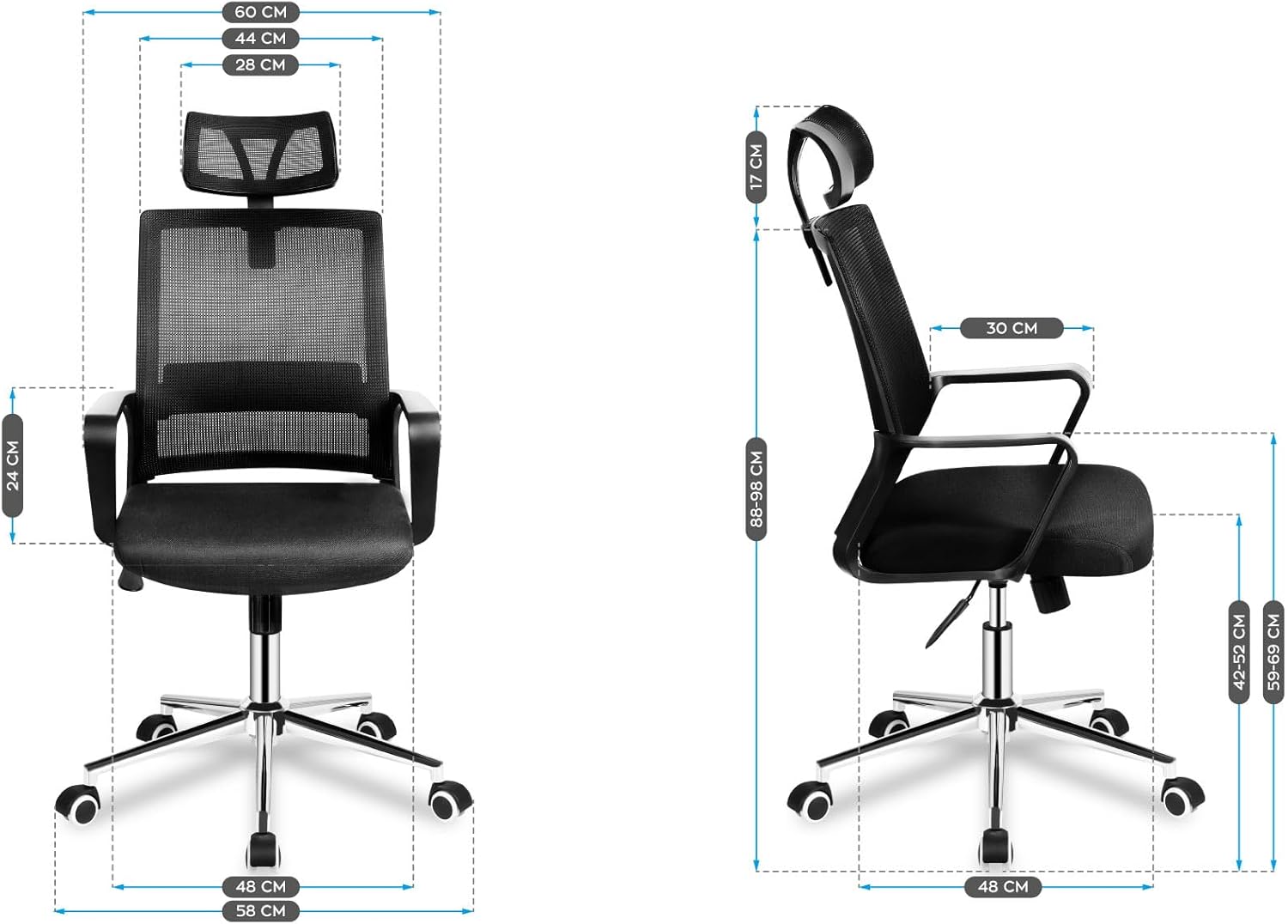 Diagram showing front and side dimensions of the MARK ADLER Manager 2.0 Office Chair