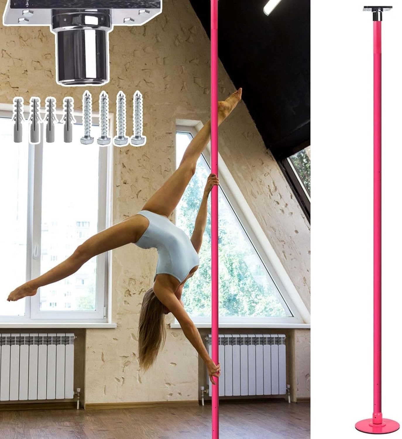 AYCDL Pole Dancing Pole for Home Static Dancing Pole Ceiling Mounted, Adjustable Home Fitness Equipment, Professional Dancing Practice Pole 45mm Spinning Dance Pole,Pink-3.7M-3.8M/12.2ft-12.5ft