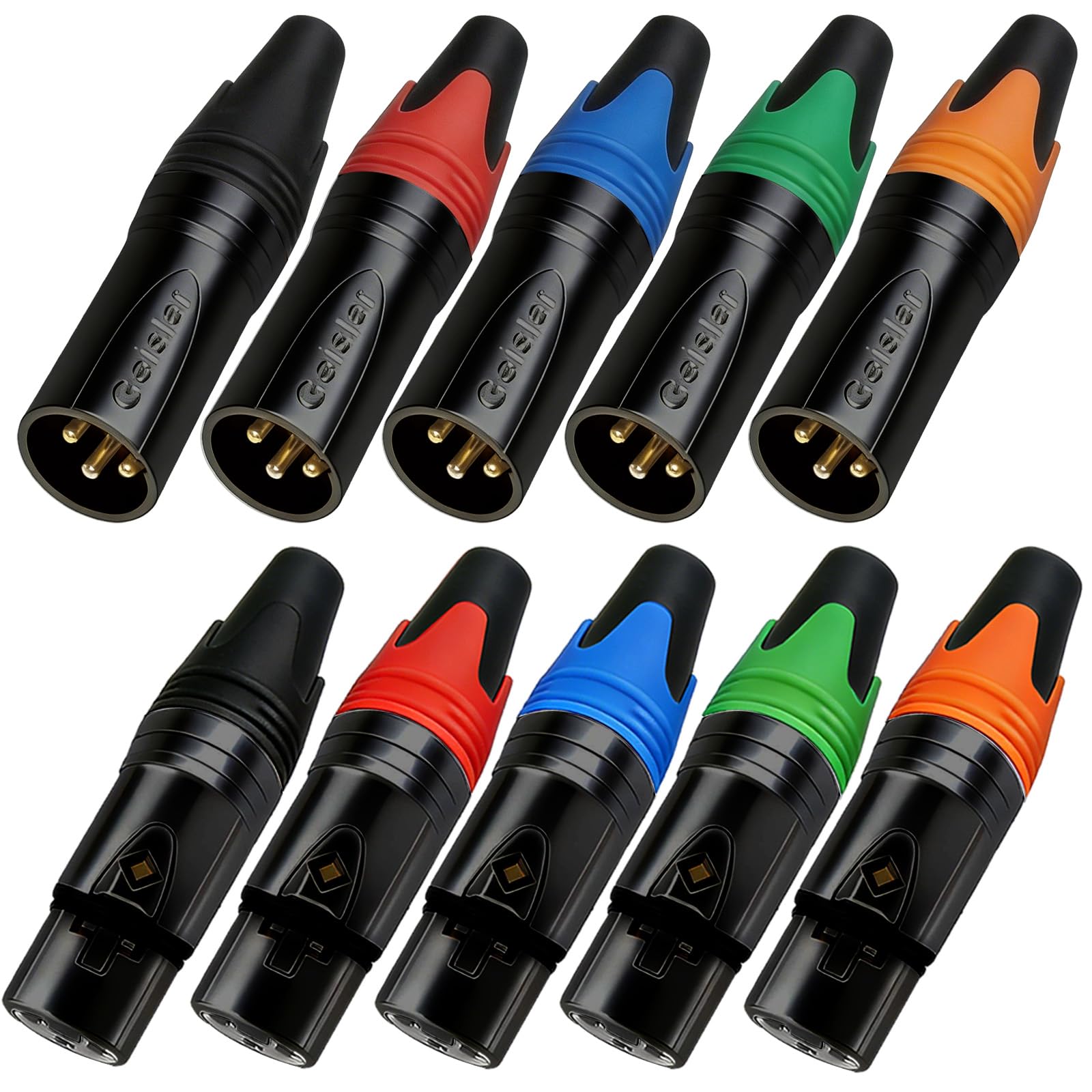 Geisler 5 Pack XLR 3 Pin Male & 5 Pack XLR 3 Pin Female Gold-plated Copper Contacts Fine Black Nickel Metal Housing with Muficolored Rubber Ring (