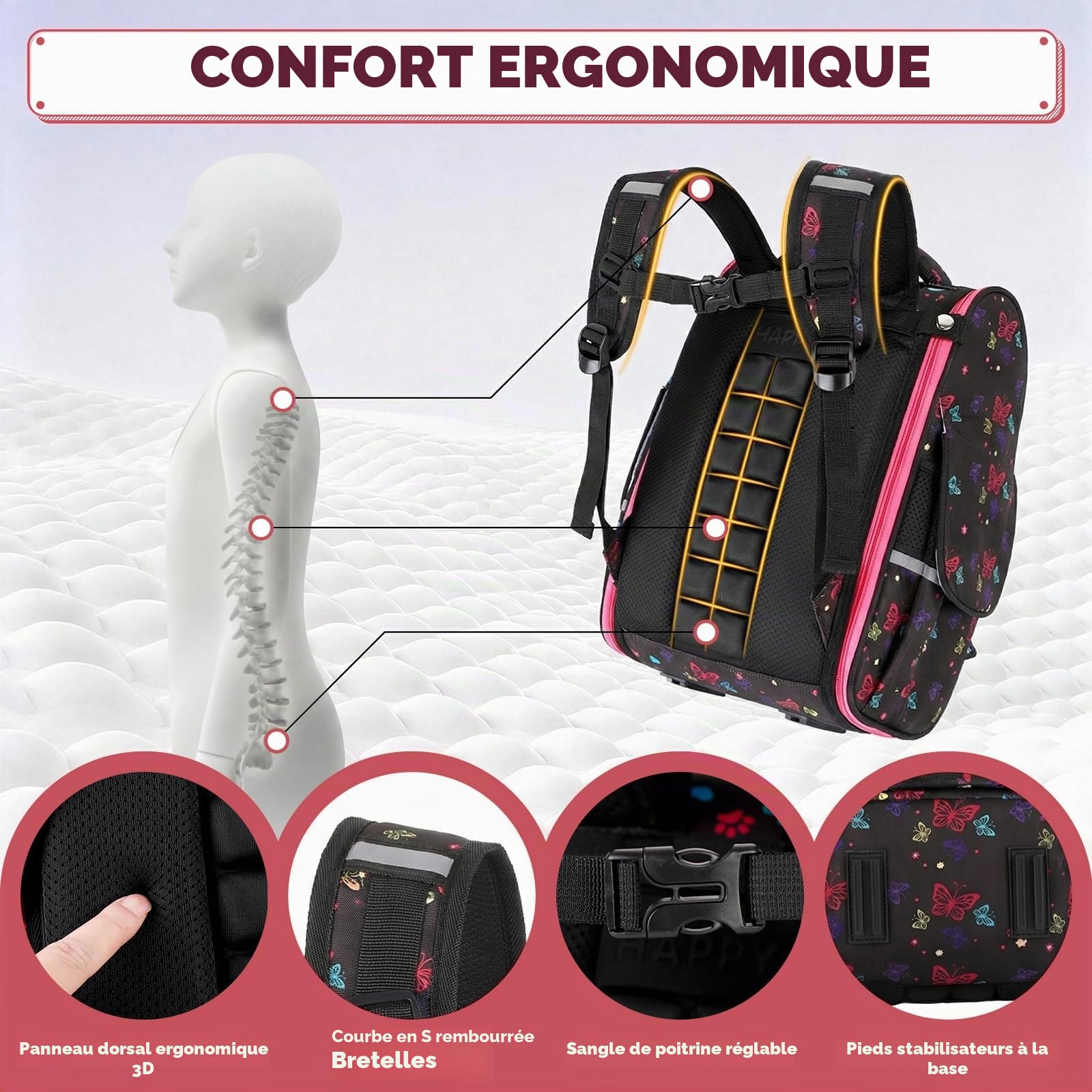 Amythe Cartable Fille CP CE1 CE2 – Sac à Dos École Primaire Enfant 6-8 Ans Léger Ergonomique avec Bandes Réfléchissantes – Imperméable pour la Rentrée, l’École et les Voyages