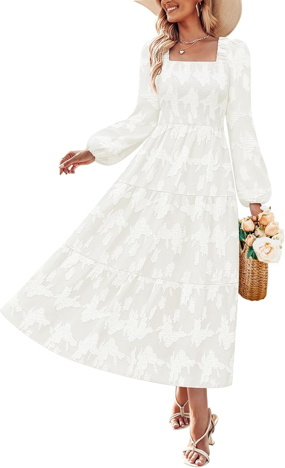 ZESICA Women's 2026 Spring Floral Midi Dress Long Sleeve Smocked Flowy Long Wedding Guest Vacation Dresses