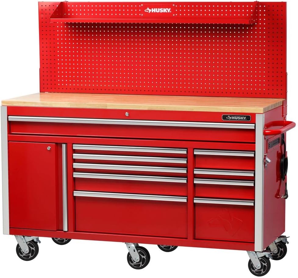 Husky 61 in. W 23 in. D 10-Drawer 1-Door Mobile Workbench with Solid Wood Top and Flip-Up Pegboard
