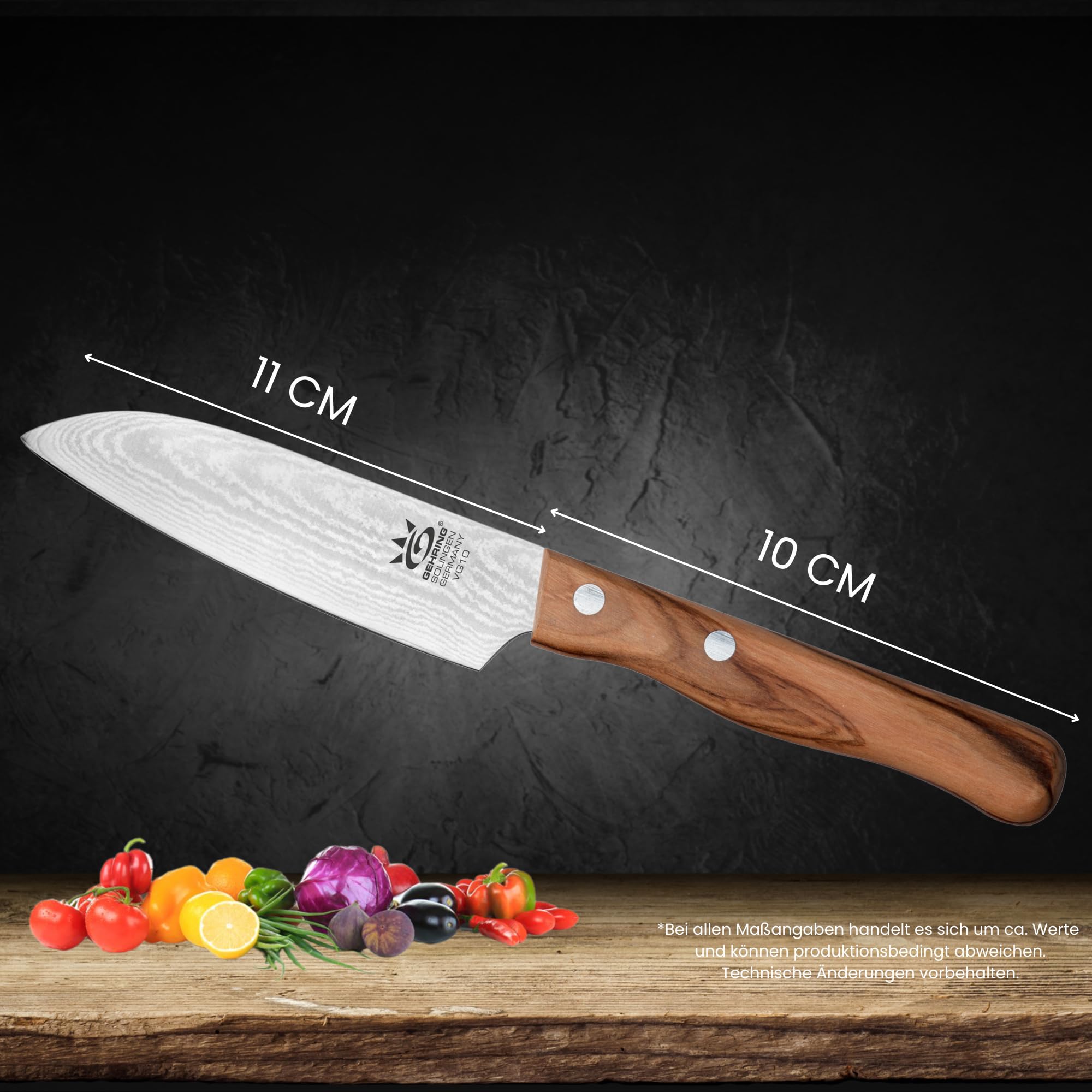 Solingen Look Damast Santokumesser 11 cm I scharfes Profi Küchenmesser I eisgehärter Damaststahl VG10 I ergonomischer Olivenholzgriff I Damastmesser I Made in Germany