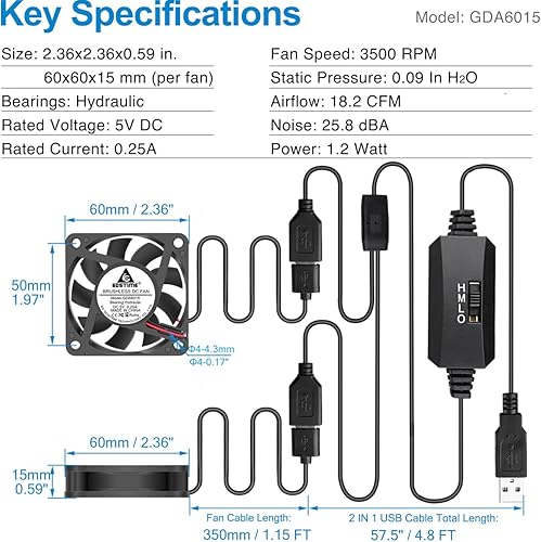 Vista 48 de GDSTIME Paquete de 2 ventiladores USB silenciosos de 1.575 pulgadas con 3 controles de velocidad, mini ventilador de carcasa de computadora sin