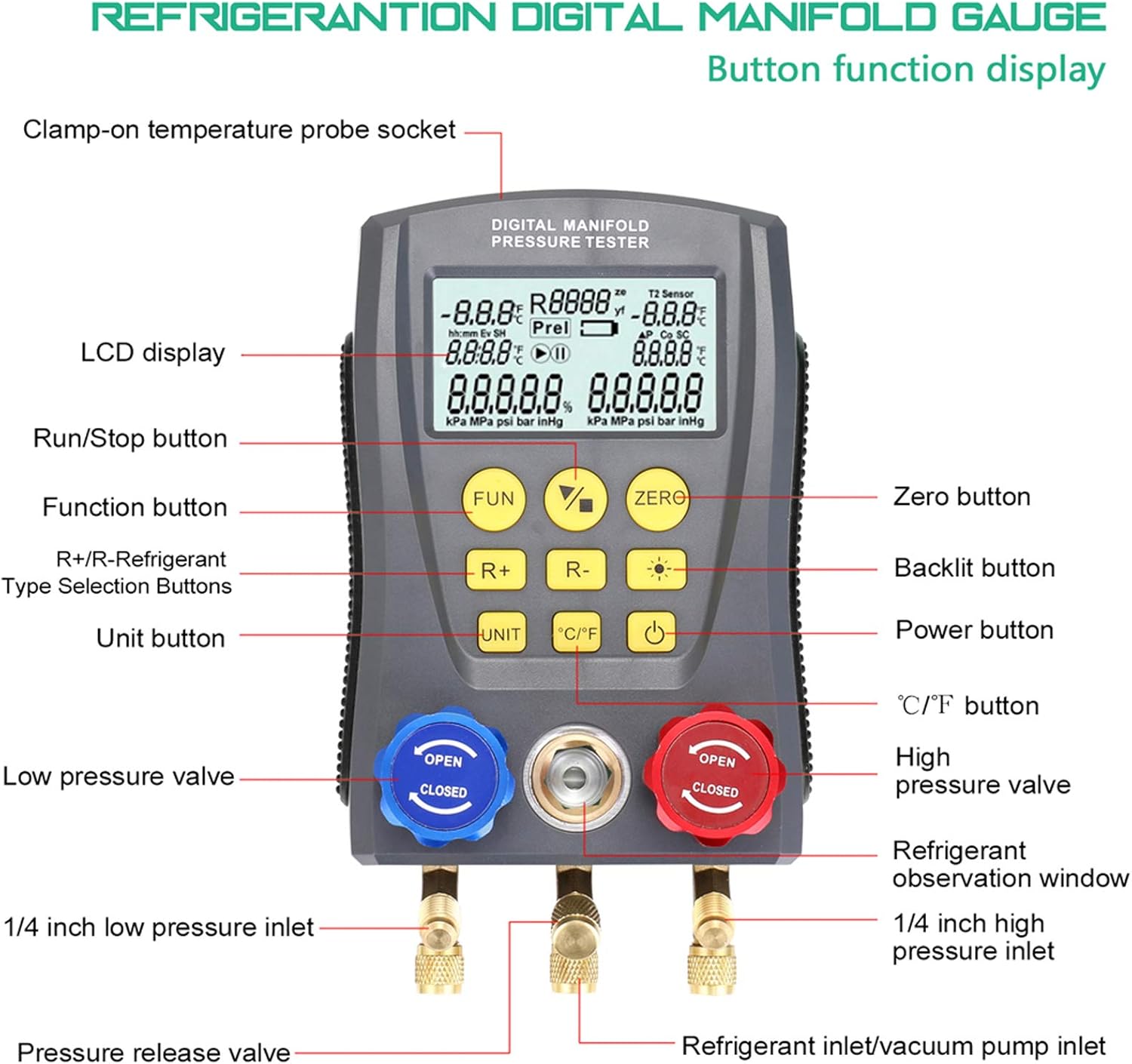 Pressure Gauge Refrigeration Digital Vacuum Pressure Manifold Tester Meter HVAC Temperature Tester