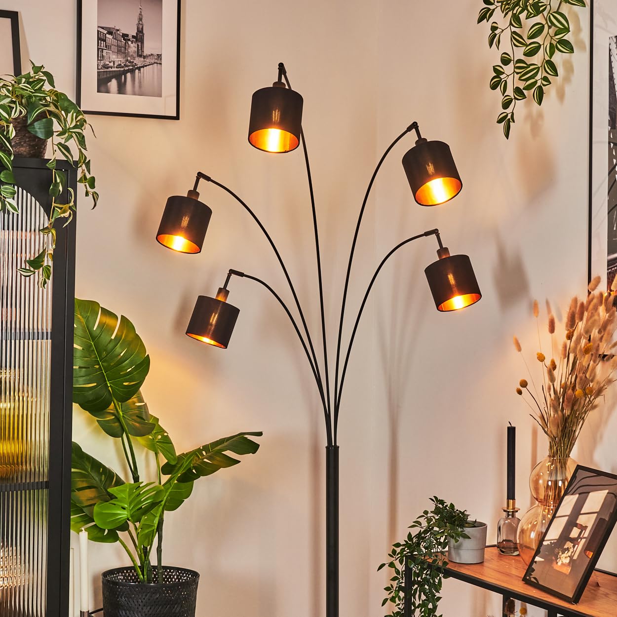 HOFSTEIN Stehleuchte Alsen, moderne Stehlampe mit Marmorfuß aus Metall/Stoff in Schwarz/Kupferfarben, verstellbare Leuchte, Fußschalter, E14, Wohnzimmer, Schlafzimmer, Flur, Büro