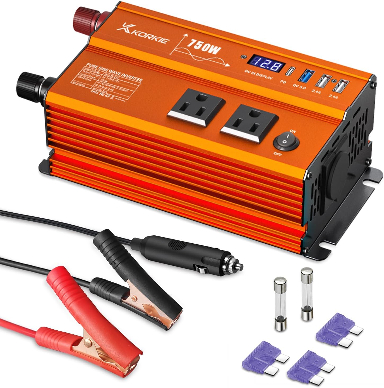 The KORKIE 750W Pure Sine Wave Inverter unit, along with its included accessories: red and black battery clamp cables, a cigarette lighter adapter, and spare fuses.