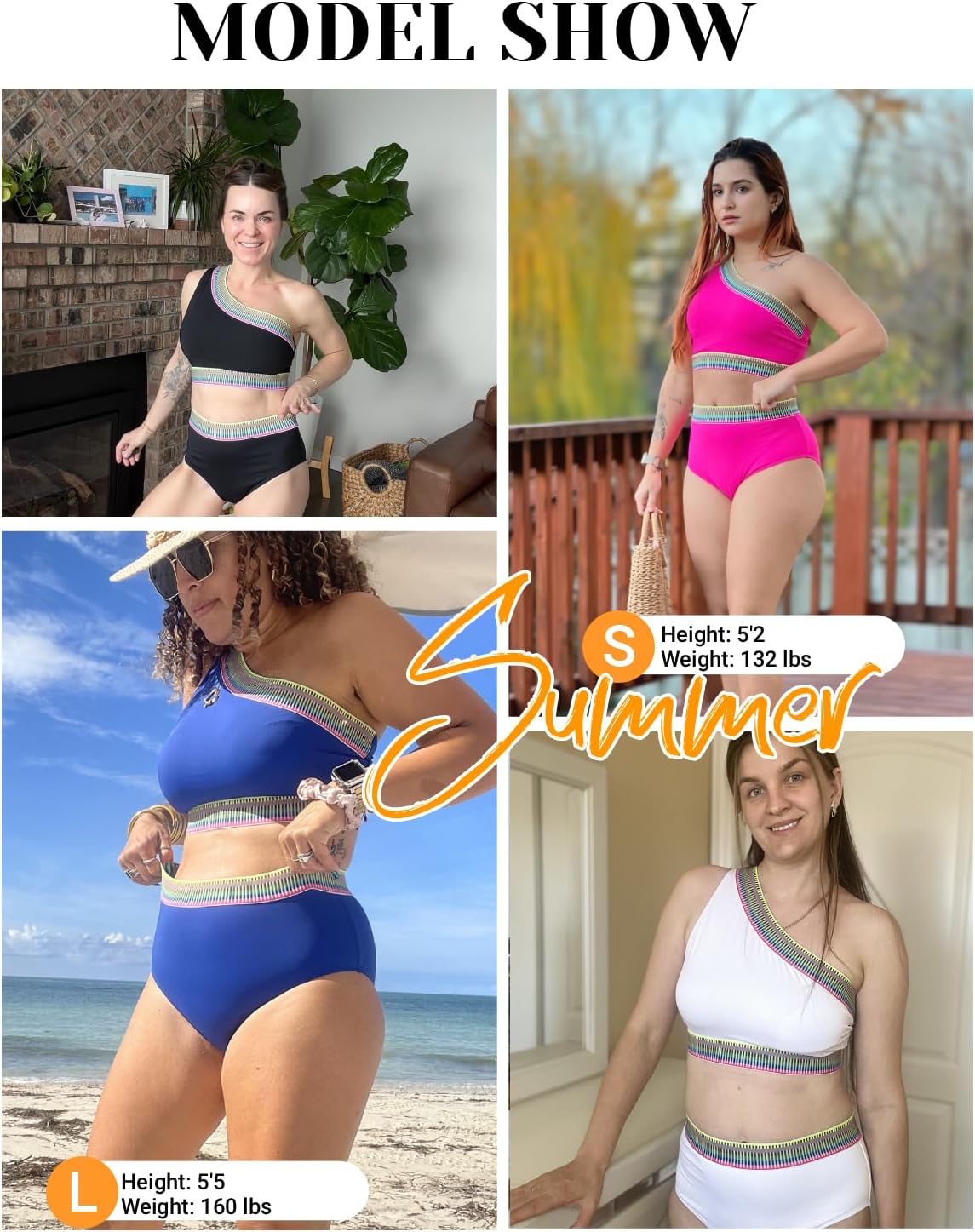 Tempt Me Women High Waisted Bikini Set - One Shoulder Two Piece Swimsuits Color Block Bathing Suits with Swimwear Bottom