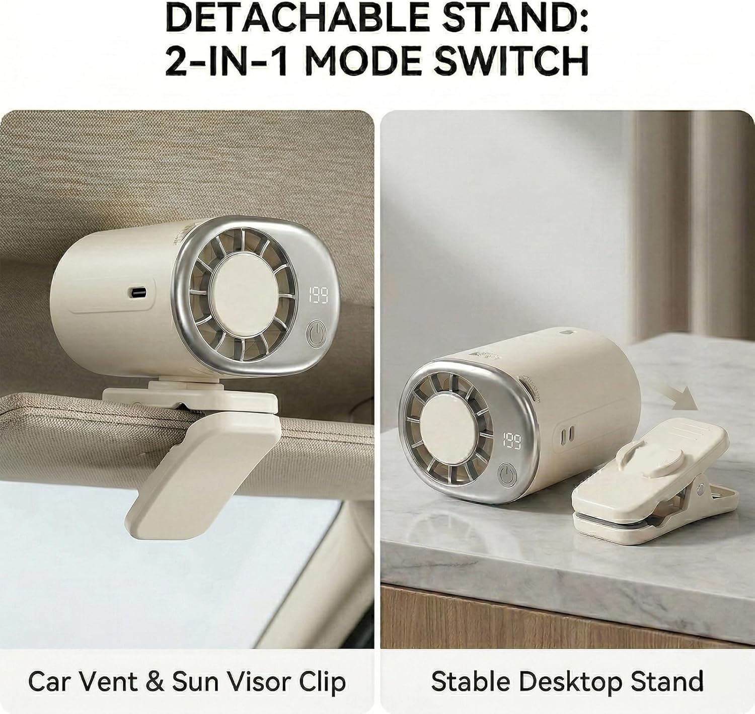 Car Clip-On Fan Air Conditioner With LED Display, Portable Cooling, 199 Speeds, Detachable Stand, for Car, Outdoor, Desk Dorm (Black)