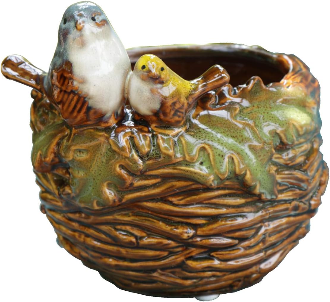 Handmade Ceramic Bird Nest Succulent Planter/Plant Pot Flower Pot Bonsai Home Garden Décor Birds Figurine 5" H