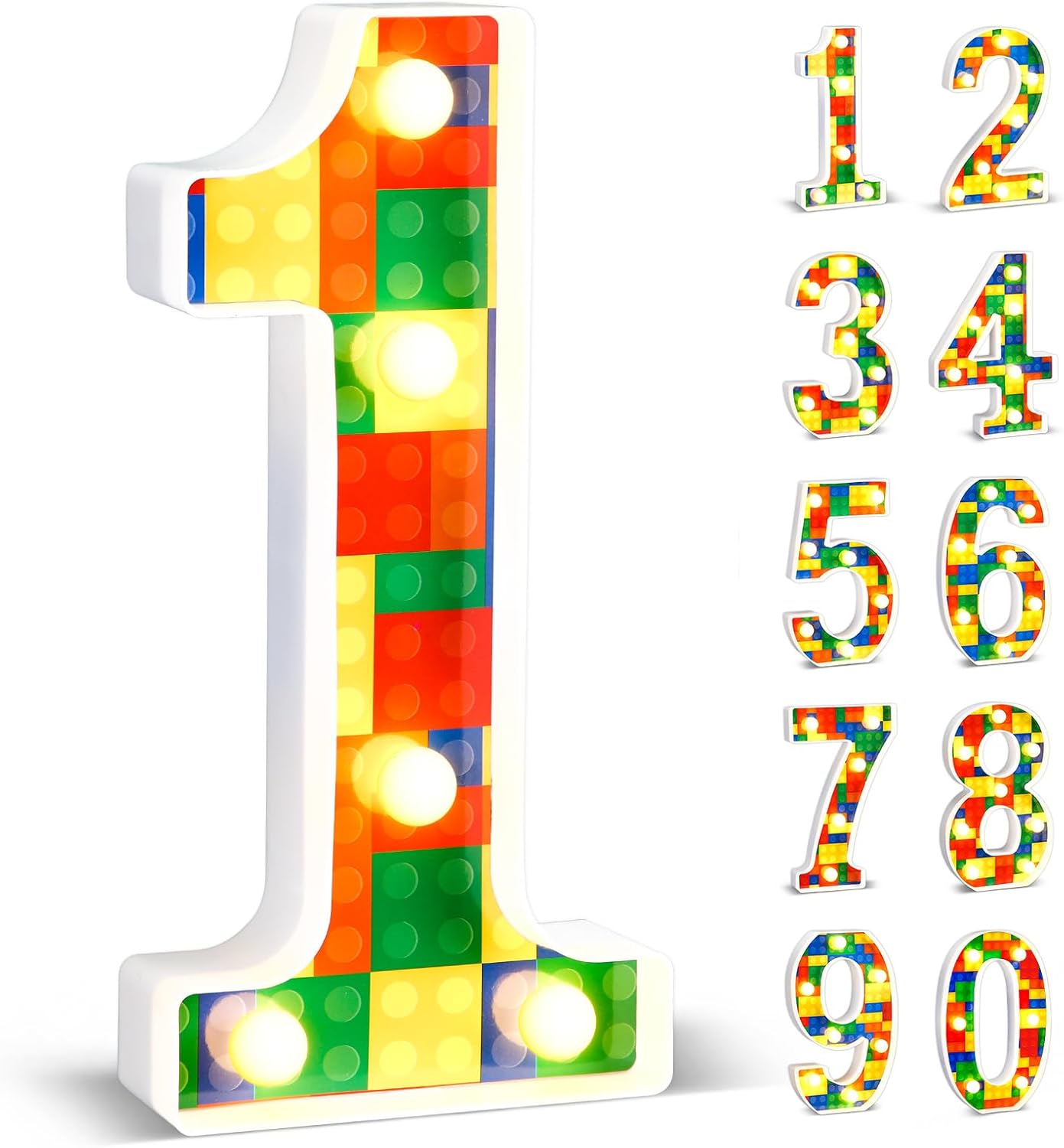 Baquler Building Block Light up Number Birthday Decoration Sign Marquee LED Numbers for Party Lighted Building Block Theme Birthday Party Supplies 8.58''(Number 1)