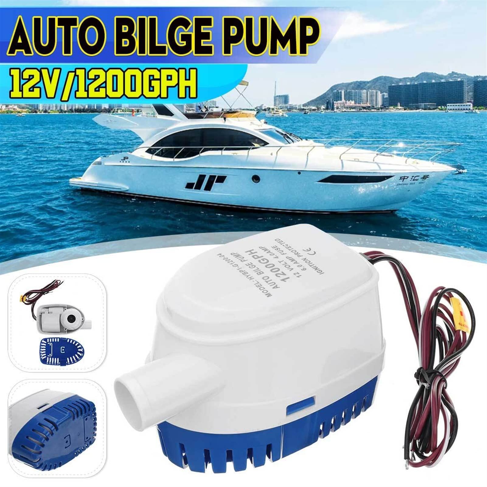 PIGENE Adjustable Small Submersible Pump 1200GPH 12V Boat Automatic Submersible Water Bilge Pump Auto with Float Switch Submersible Electric Water Pump 12V