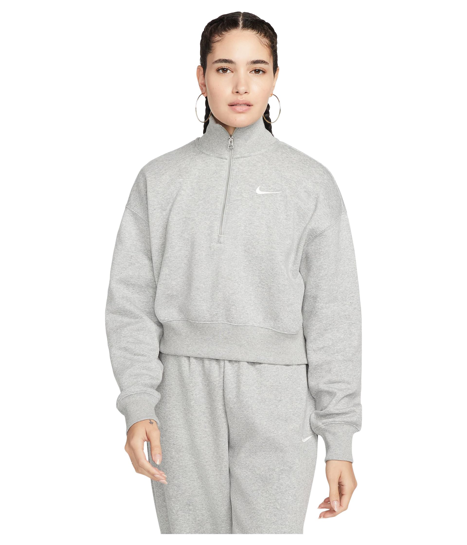 Nike Women's Phoenix Fleece Oversized 1/2-Zip Crop Fleece Sweatshirt Dark Grey Heather/Sail