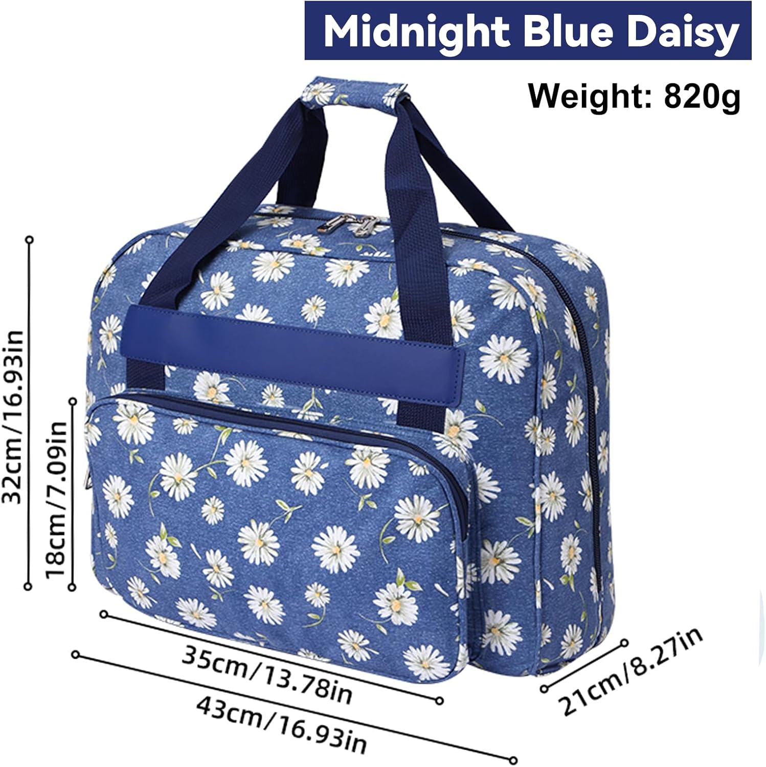 Sewing Machine Carrying Case, Universal Tote Storage Bag with Pocket & Handle, Portable Hanging Tote for Small Sewing Machines, Blue Daisy, 43x32x21 cm, Formal with dragonfly design