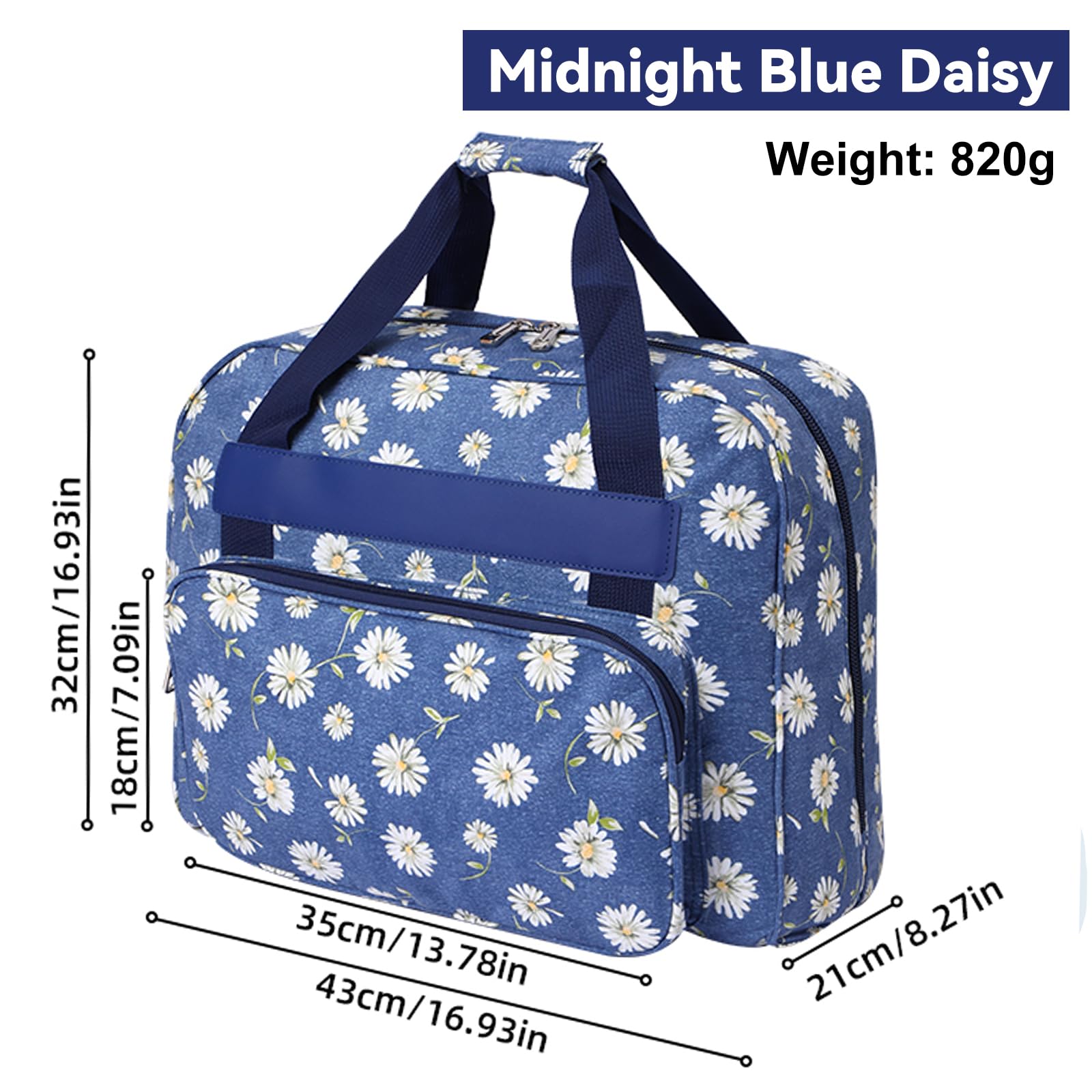 Custodia per macchina da cucire, borsa universale con tasca e manico, borsa portatile da appendere per piccole macchine da cucire, margherita blu, 43 x 32 x 21 cm