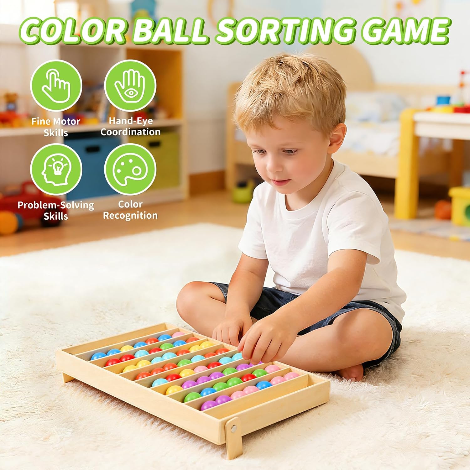 56 PCS Wooden Color Sorting Balls Toy with Storage Box image 2