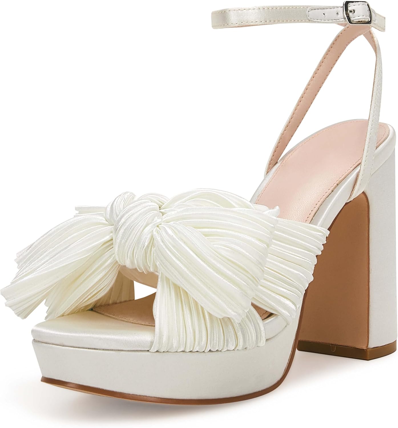 VETASTE Women's Pleated Bow Knot Platform Heeled Sandals Open Toe Chunky Block Heel Ankle Buckle Strap Bridal Wedding Dress Shoes