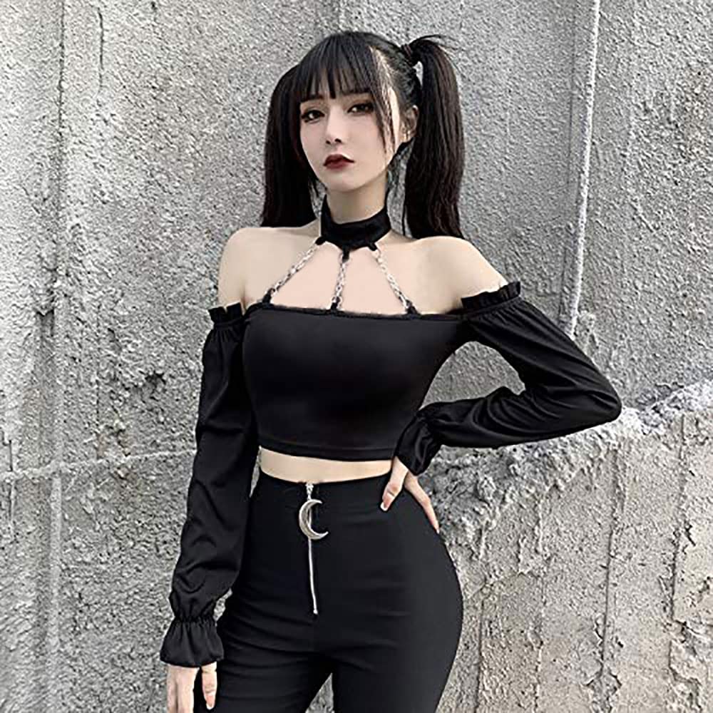 Crop Top damski top z długim rękawem, wiązany na szyi, styl gotycki, damska odzież
