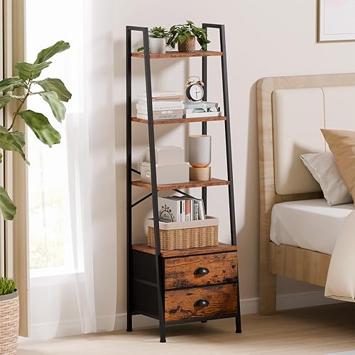 Miniatura 8 de Furologee Estantería de escalera de 4 niveles, estantería pequeña con 2 cajones, organizador vertical de almacenamiento, estanterías rústicas para