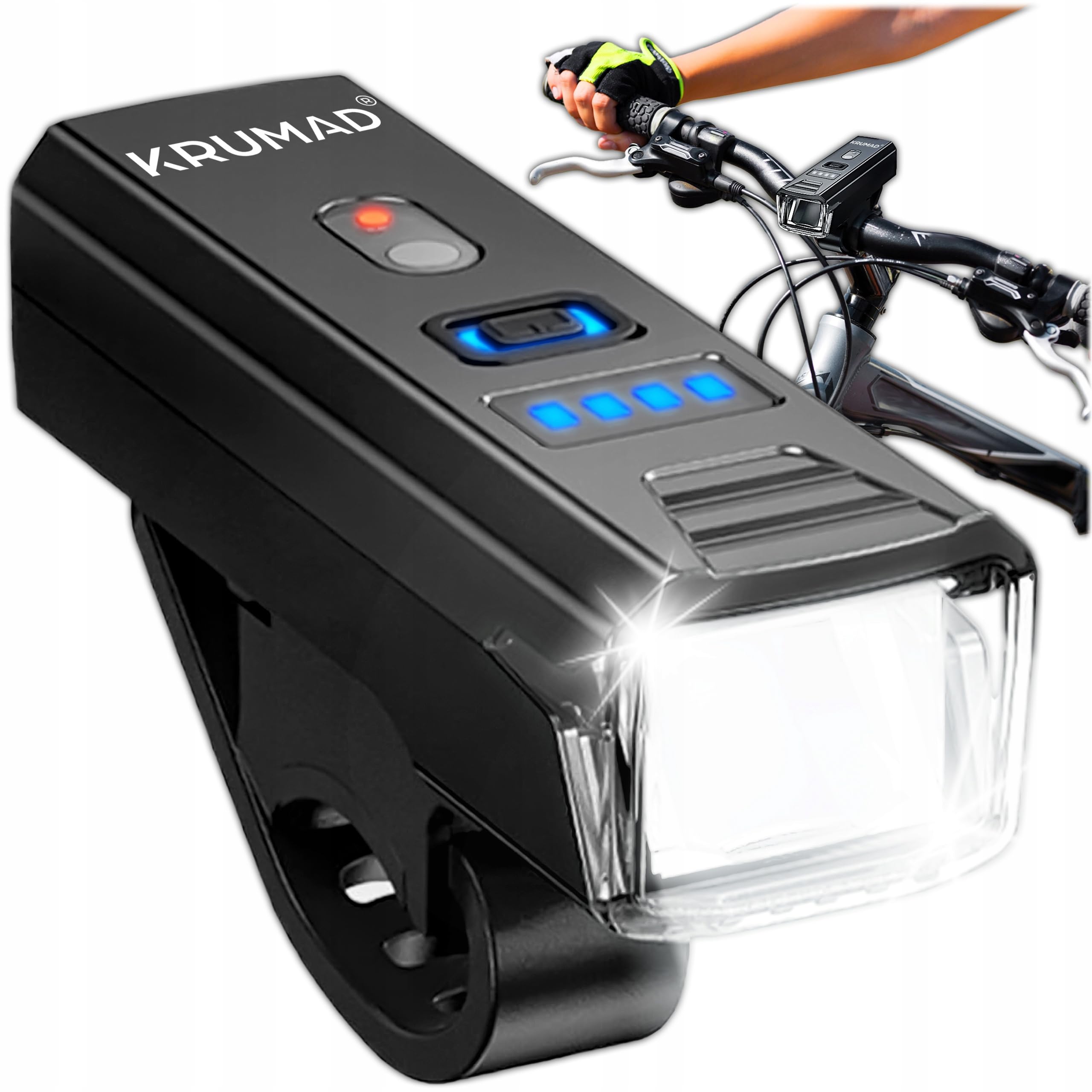 KRUMAD LED Fahrradlicht Vorne, 5 Leuchtmodi mit Dämmerungssensor, USB-C Akku Lampe Wasserdicht IPX4, Fahrradlampe hell bis 200 m, Fahrradbeleuchtung für Rennrad, MTB, E-Bike, Fahrradzubehör