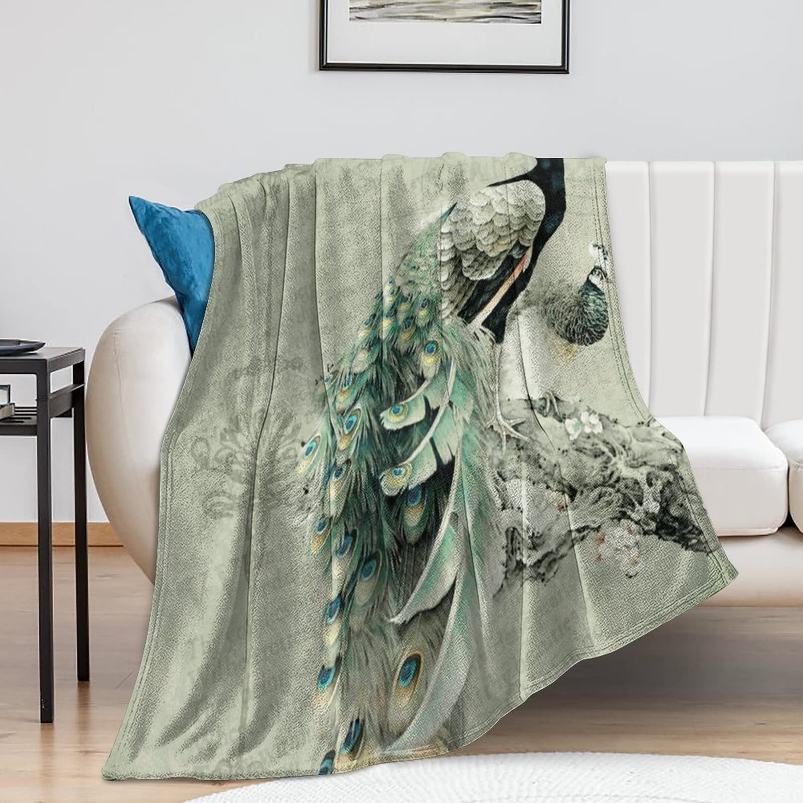 Couverture en flanelle rustique haut de gamme motif paon artistique