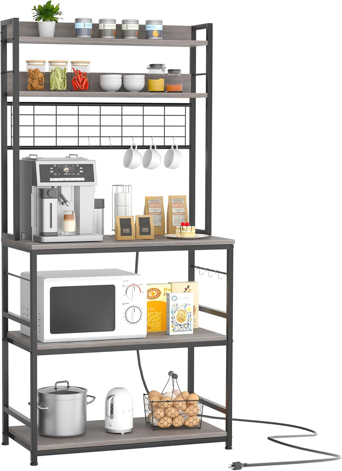 JAMFLY Kitchen Bakers Rack with Power Outlet, Coffee Bar Cabinet, Kitchen Racks with Storage Cabinet, 5-Tier Microwave Stand with 10 Hooks and Metal Wire Panel (Grey)